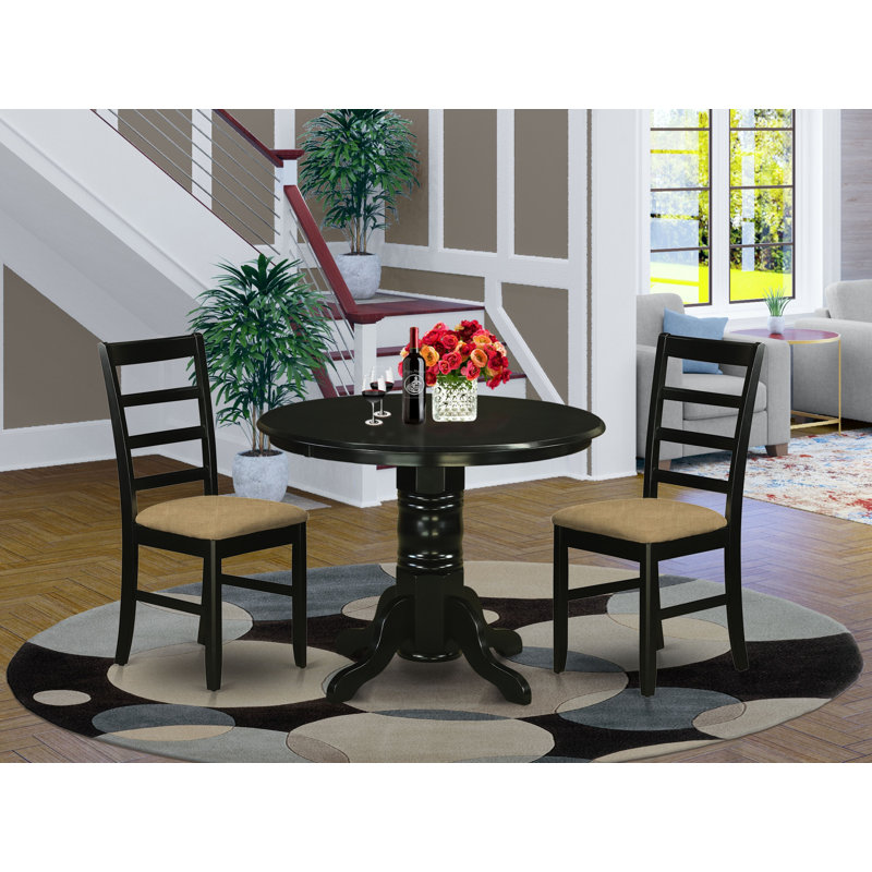 Ensemble de table et chaises de salle à manger 3 pièces pour petits espaces : table ronde avec pied central et 2 chaises de salle à manger en lin, 107 x 107 cm, noir.