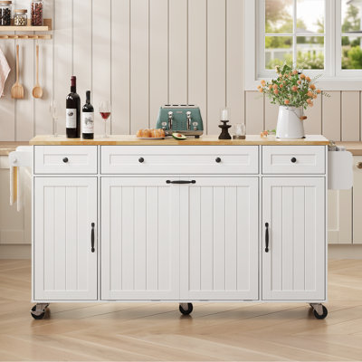69" Kitchen Island With Double Trash Storage Cabinet, Rolling Kitchen Carts With Power Outlet & Soild Wood Drop Leaf by Ebern Designs
