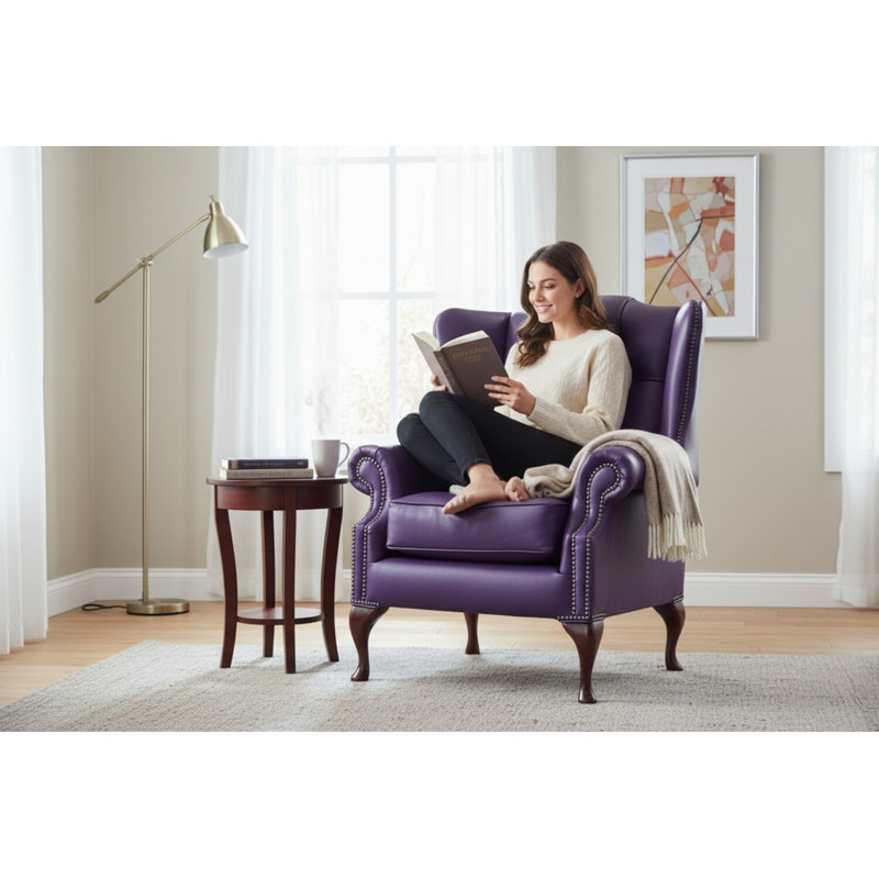 Upholstered Full Grain Leather Wingback Chair