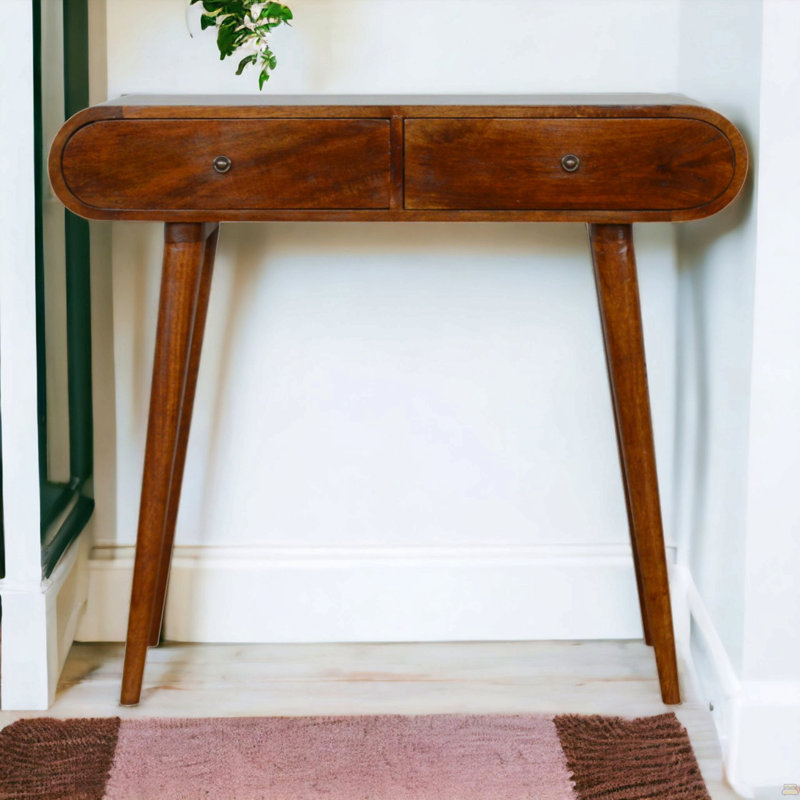 Console en bois massif 2 tiroirs London, châtaignier, brun