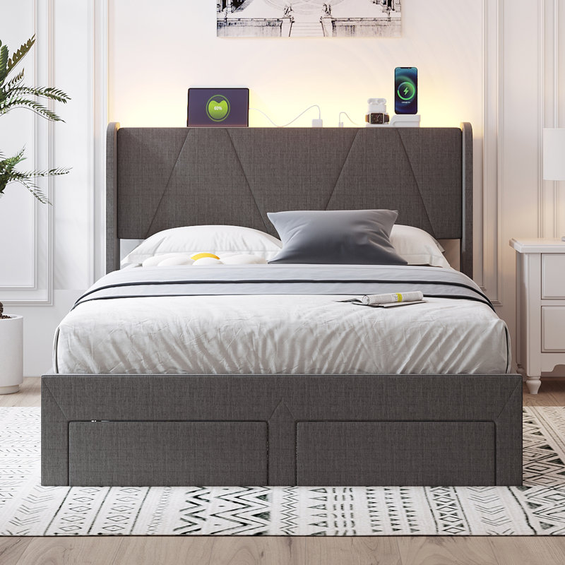 Storage Bed with Modern Platform, Built-In USB Charging & LED Lighting with RGB Options, Queen, Dark Gray