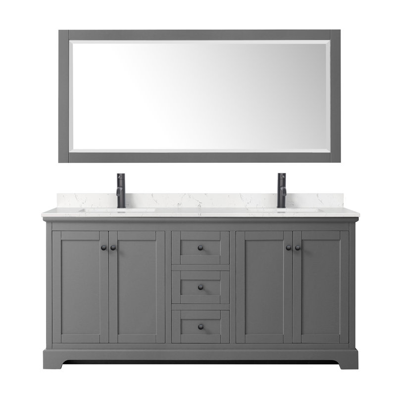 Ensemble de meuble-lavabo double 72 "avec miroir Avery, Marbre de culture de Carrare veiné clair, Gris foncé, Noir mat