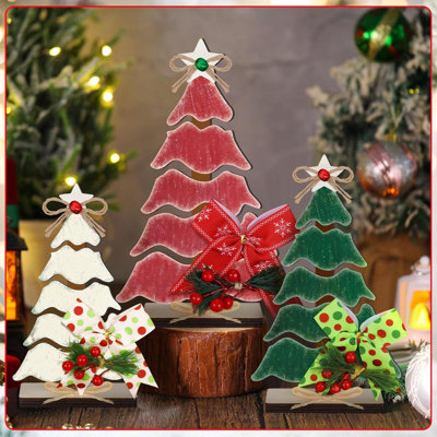 3 Pcs Wooden Christmas Tree Tabletop Decorations Christmas Centerpieces For Table Rustic Xmas Tiered Tray Decor Table Sign With Hemp Rope Bow Bell For Holiday Party(Classic)