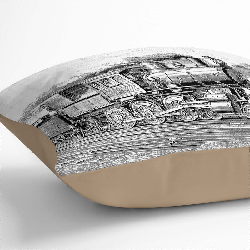 Locomotive Illustration in Black and White Cushion with Filling, 55cm H x 55cm W x 20cm D, Stone