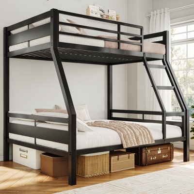 Metal Twin Over Full Size Bunk Bed Frame with Ladder & Full-length Guardrail