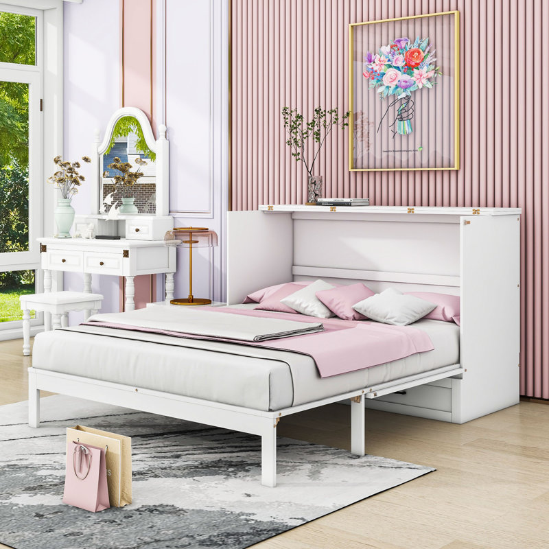 Lit escamotable double avec finition en rotin, port USB et amplement de rangement, Lit double, Doré