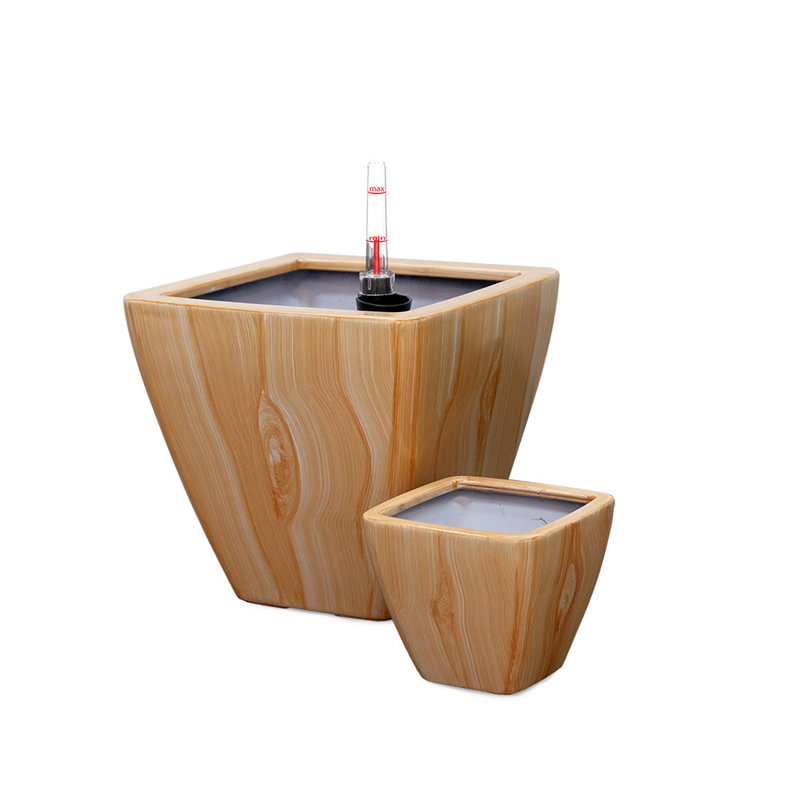 Paquet de 2 pots à fleurs à arrosage automatique - Cône carré en bois clair - Jardinière décorative intérieure résistante aux intempéries avec indicateur de niveau d'eau