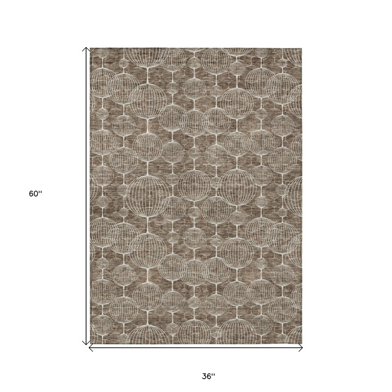 3' X 5' Chocolate And Beige Geometric Washable Indoor Outdoor Area Rug