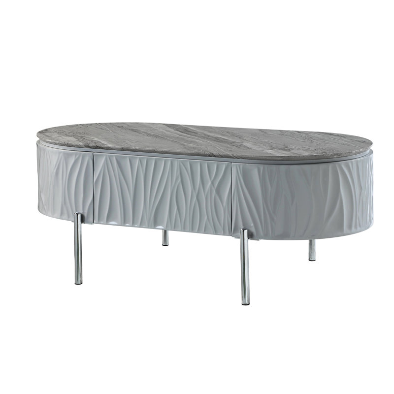 Élégante table basse grise avec plateau ultrabrillant et espace de rangement de forme ovale chic à extension 3/4