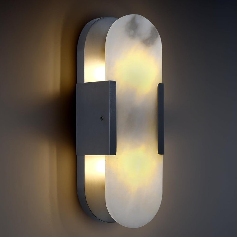 2-Light Wall Mounted Sconce with Alabaster Shade (Bulbs Included), Dark Gray, No, 13.8" H x 4.6" W x 3.4" D