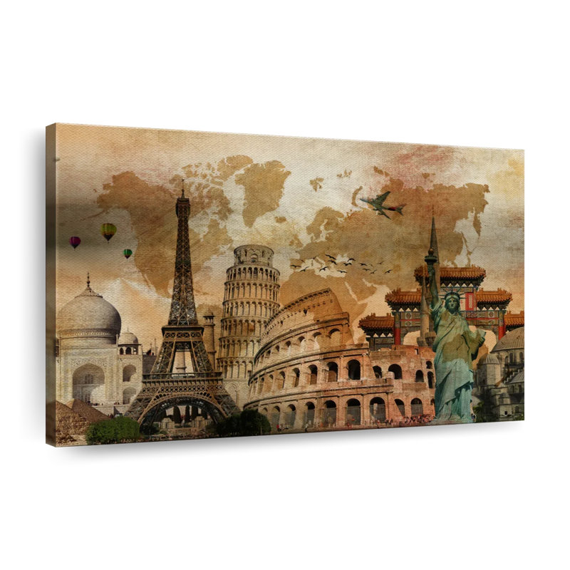 Rustic Landmark World Map Canvas Print, 8" H x 12" W x 1" D