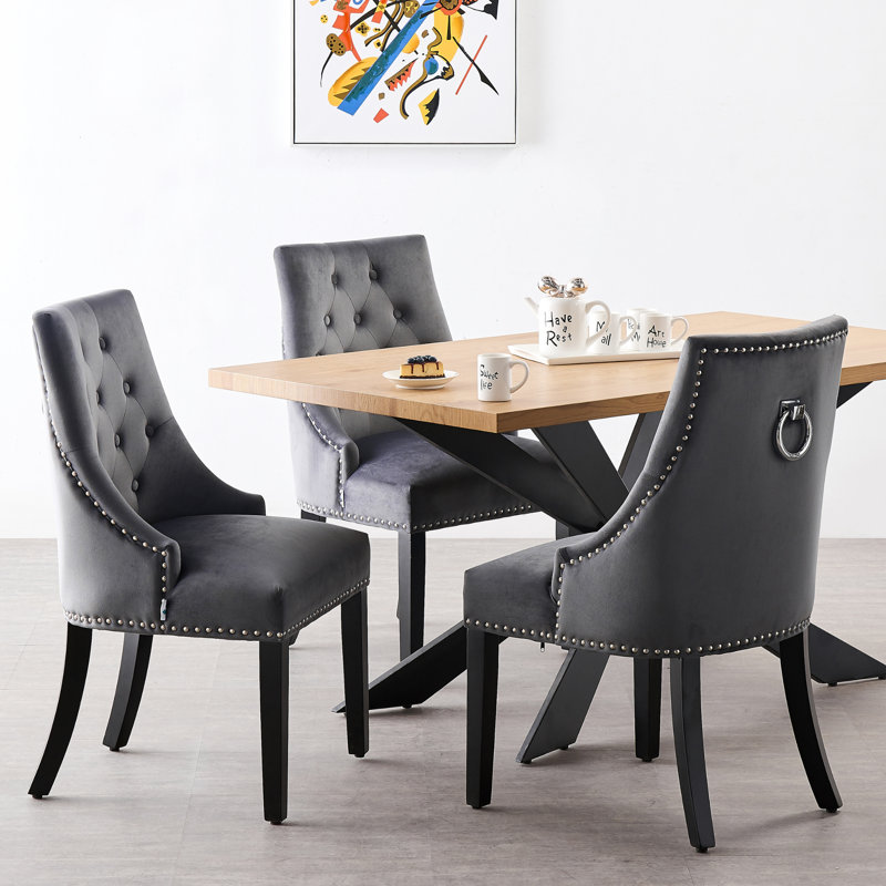 Jacey 6 Person Dining set - a Rectangular Wooden Dining Table with Metal Legs and a Set of 6 Quilted Ring Knocker Velvet Dining Chairs for Dining Room - Modern Dining Table Set