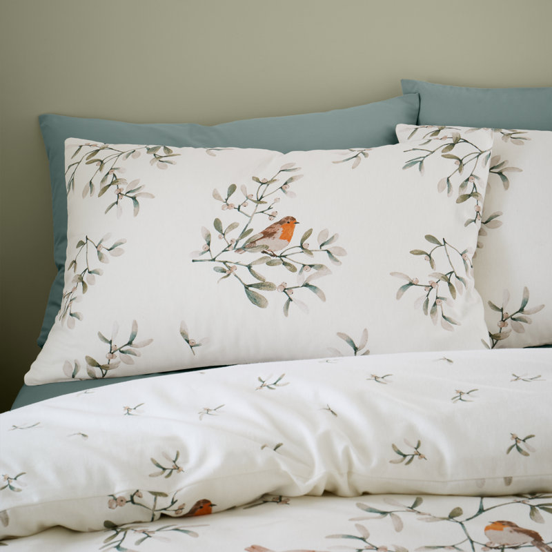 Brushed Mistletoe Robins Cotton Reversible Duvet Cover Set, King Duvet Cover + 2 Standard Pillowcases