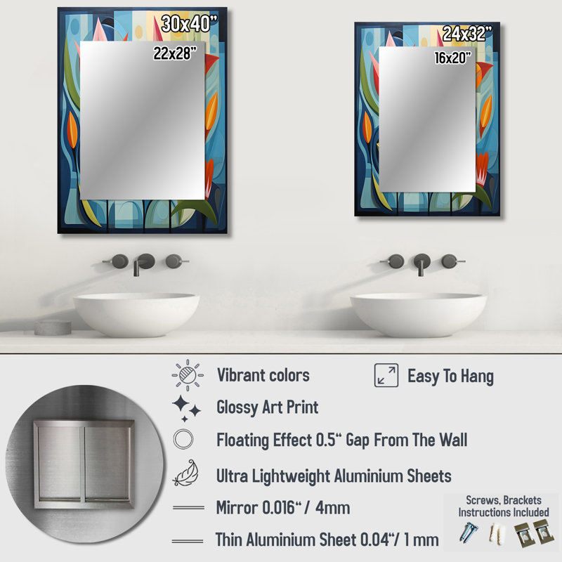 Green Mid Century Mod Nature II - Midcentury Modern Decorative Wall Mirror, Green Mirror, Printed Metal Art, 32" x 24"