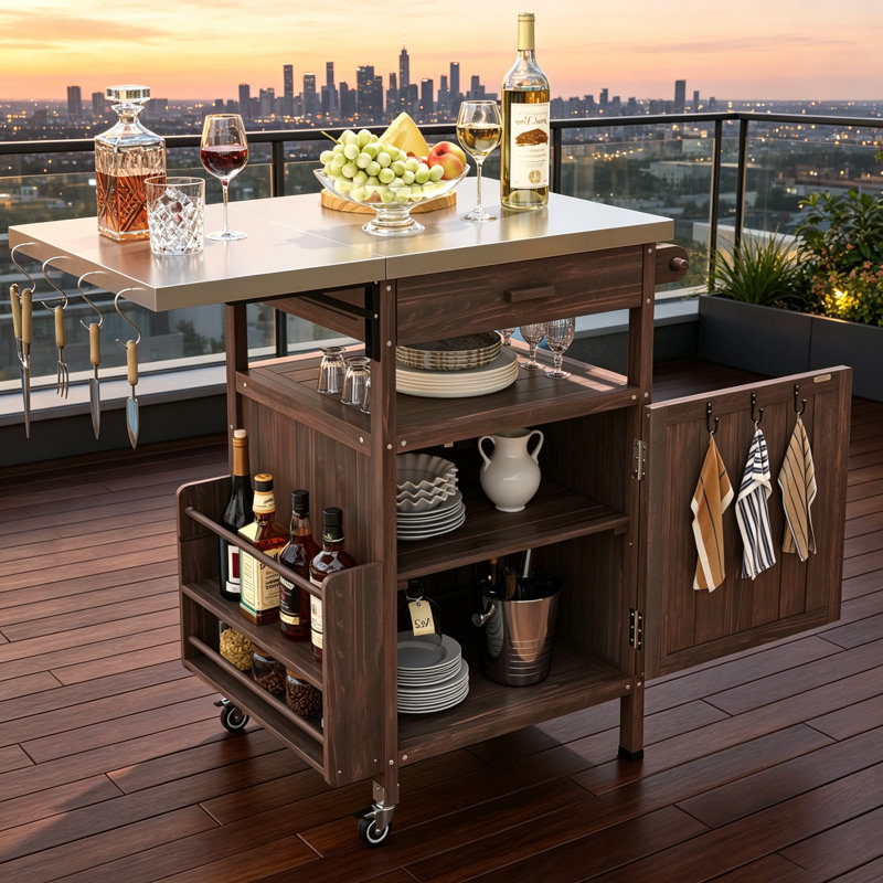 Chariot de barbecue extérieur durable avec plateau en acier inoxydable, rangement en bois massif et abattant pour une utilisation polyvalente