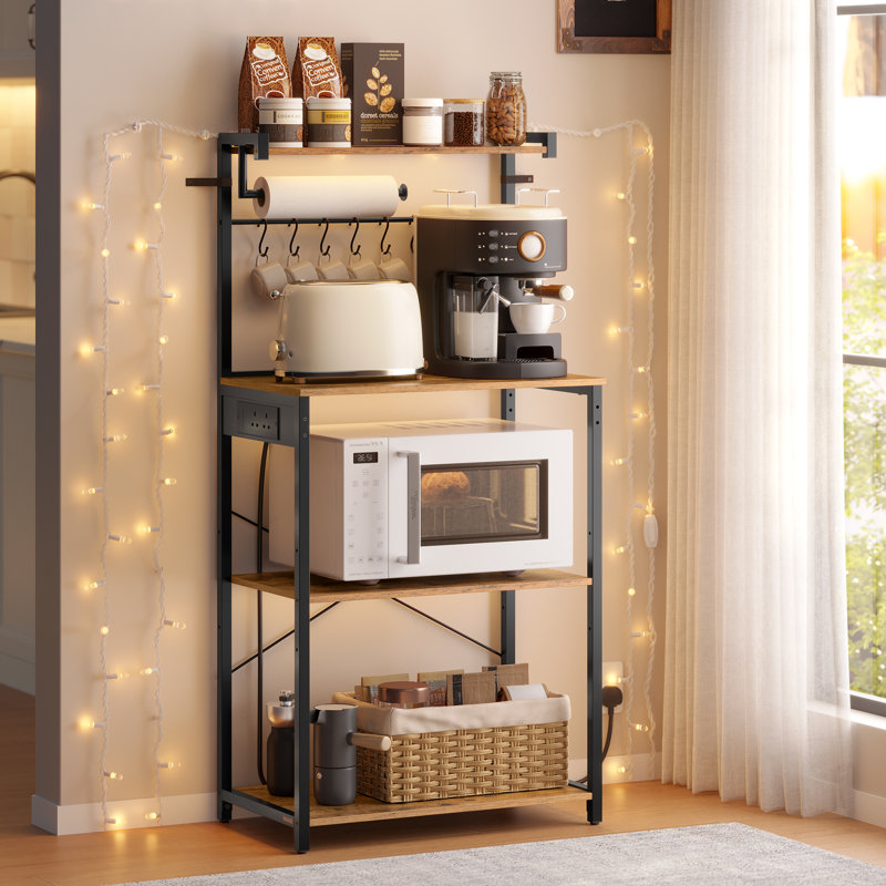 Kitchen Bakers Rack With Power Outlet, 4-Tier Coffee Bar With Adjustable Shelf, Microwave Stand, Paper Towel Holder, 40 X 60 X 140 Cm