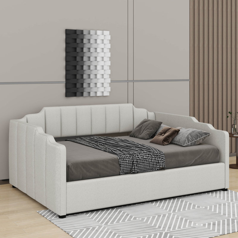 Lit de jour double rembourré avec rangement inférieur, Beige