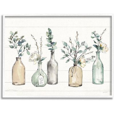 Bouteilles et plantes, bois de ferme texturé, art mural par Anne Tavoletti, 11 x 14, multicolore