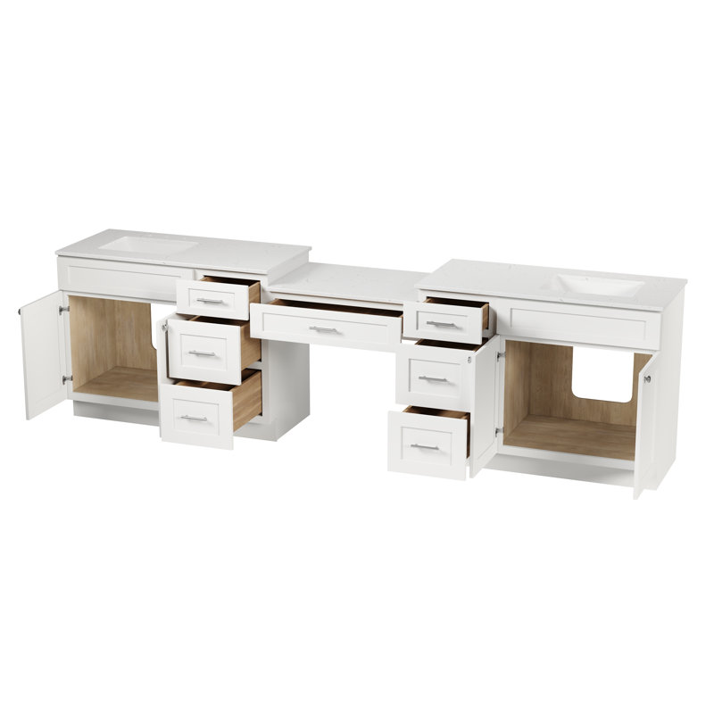 Ensemble de meuble-lavabo double 120 po avec plateau en bois massif de tiroir Carrar Disar, Blanc