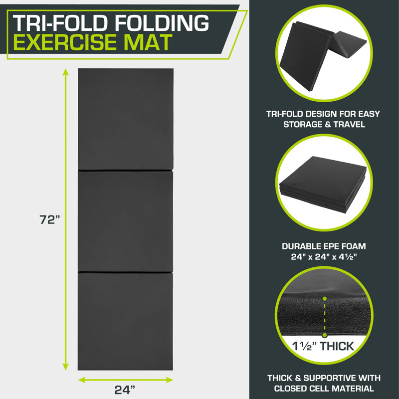 Black Tri-Fold Thick Exercise Mat with Carrying Handles
