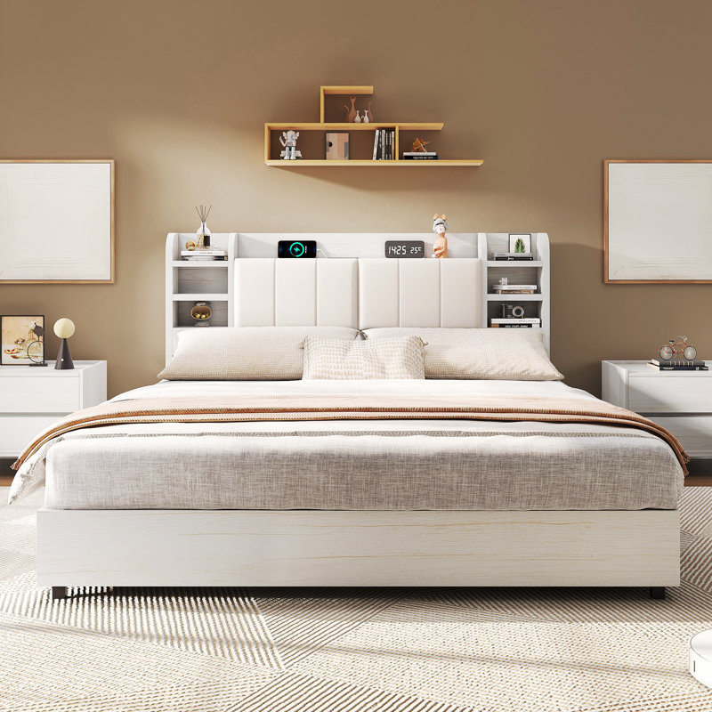 Revan Ebern Designs Bed Frame With Headboard, Platform Bed Frame With 4 Storage Drawers & Hidden Storage, Bookcase Bed Frame With Charging Station