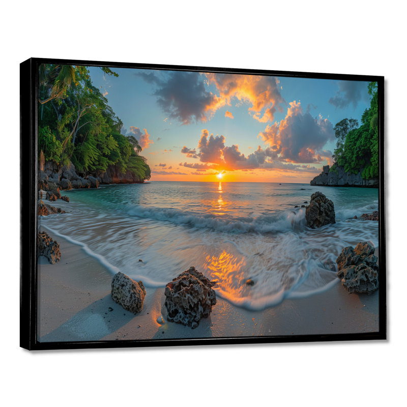 Photo panoramique d'une plage rocheuse au lever du soleil I - art mural plage, Toile avec cadre flottant noir