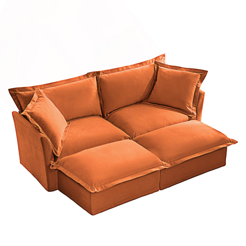 Canapé 2 places avec housse et 2 repose-pieds, canapé-lit 2 places, Chenille orange