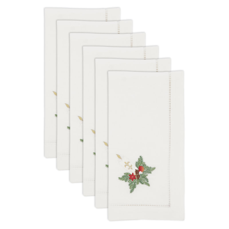 White Cotton Festive Candle Embroidered Napkins, Set of 6