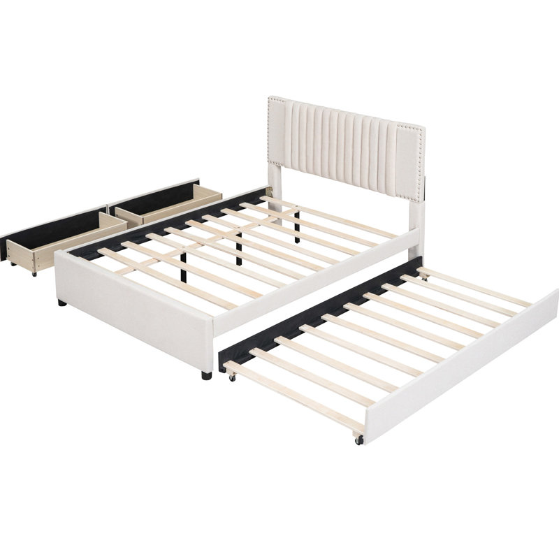 Lit plateforme tapissier pleine grandeur beige avec 2 tiroirs et un lit gigogne, tête de lit classique, matériaux en contreplaqué, espace de rangement supplémentaire, grande structure simple à assembler et à construire, capacité de rangement accrue