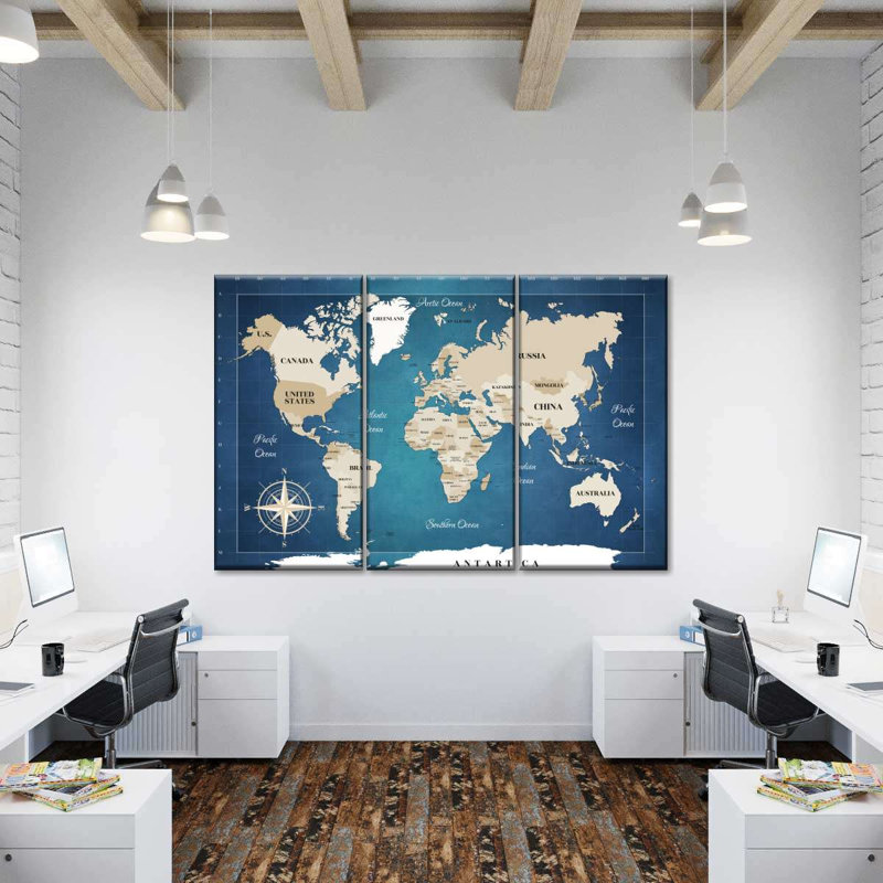Carte du monde cobalt 3 pièces, H 20 po x l 33 po x P 1,25 po