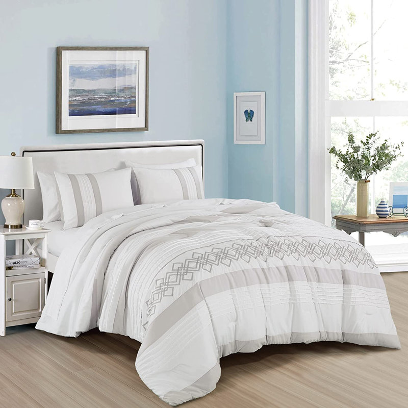 7-Pieces Pleated Stripe Comforter Set with Sheets, Gray/White, King Comforter + 6 Additional Pieces