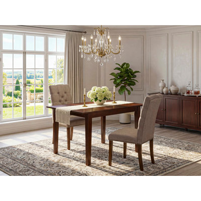 3 Piece Modern Dining Table Set Contains a Rectangle Wooden Table with Butterfly Leaf and 2 Dark Khaki Linen Fabric Parson Chairs, Mahogany