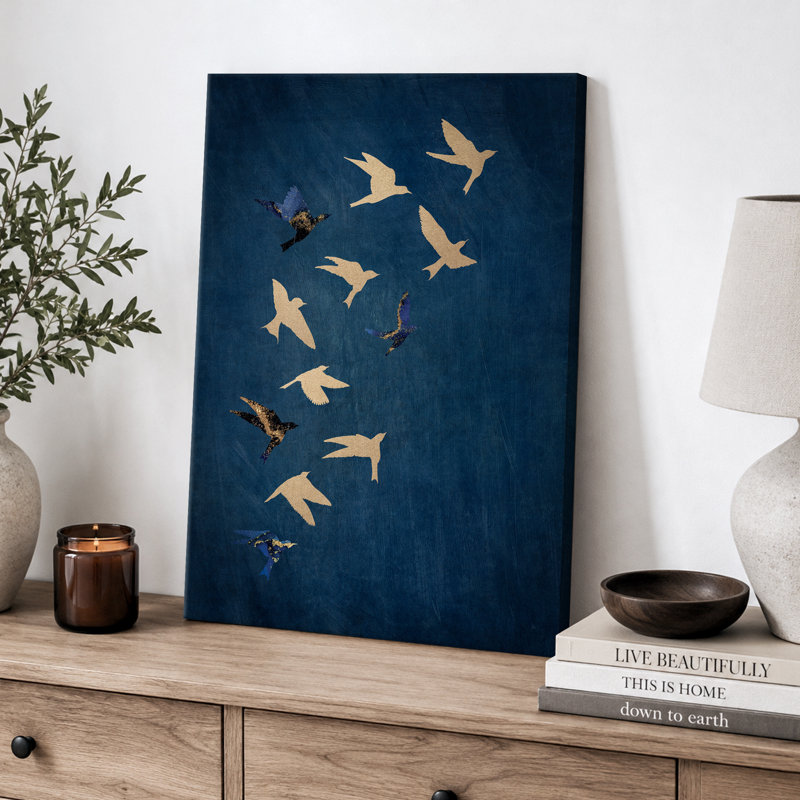 Indigo Navy Blue Bird Flying Artwork, Vintage Abstract Minimalist Bedroom Pictures, Large Framed Canvas Giclee Print Wall Art