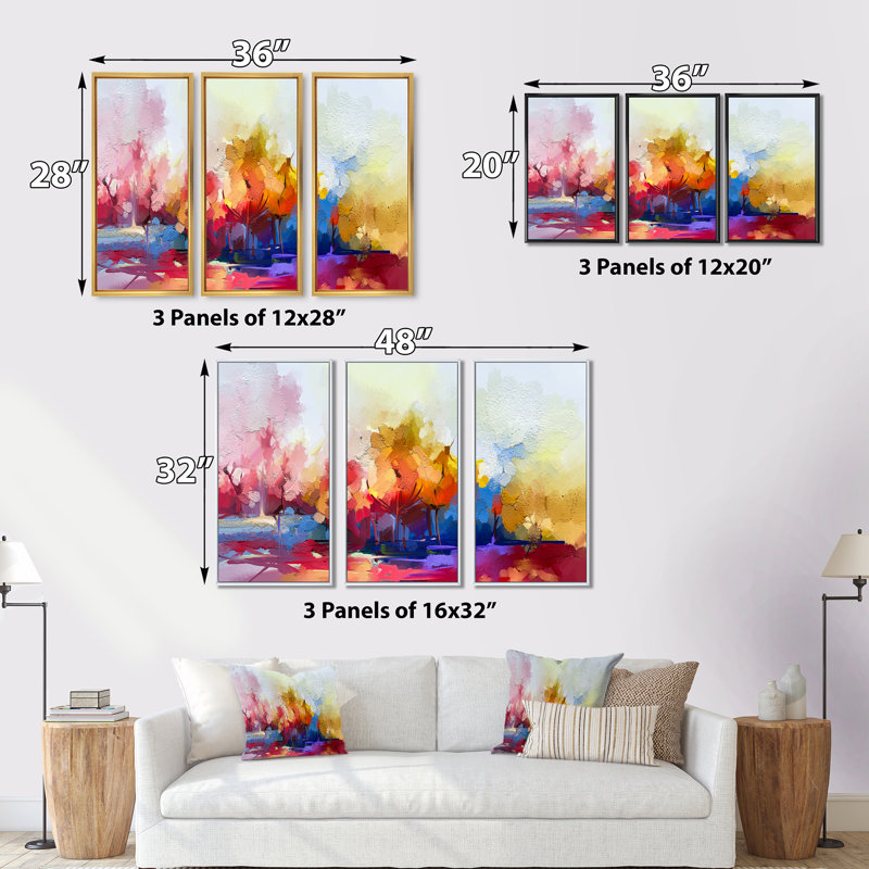 Colorful Abstract Landscape I - Ensemble de 3 reproductions sur toile, H 28 po x l 36 po x P 1 po, Cadre noir