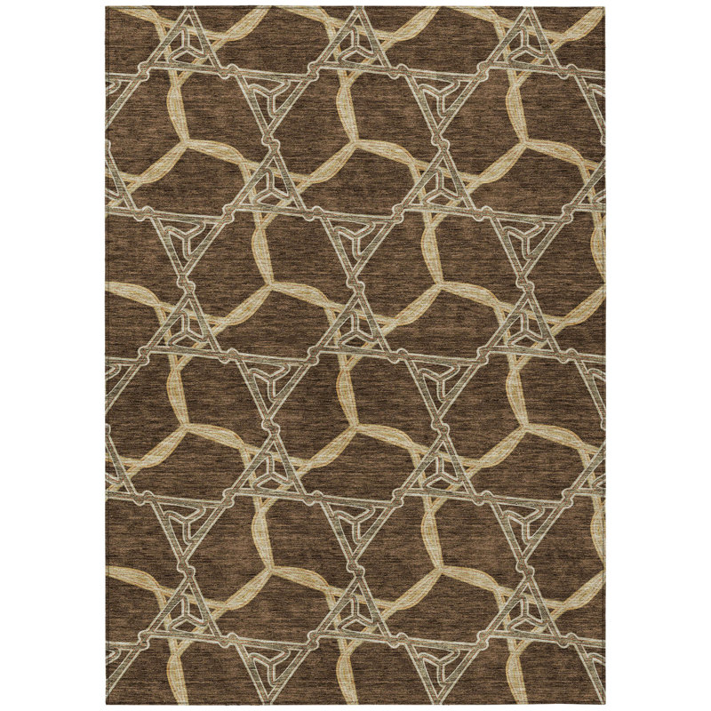 3' X 5' Brown And Beige Geometric Washable Indoor Outdoor Area Rug