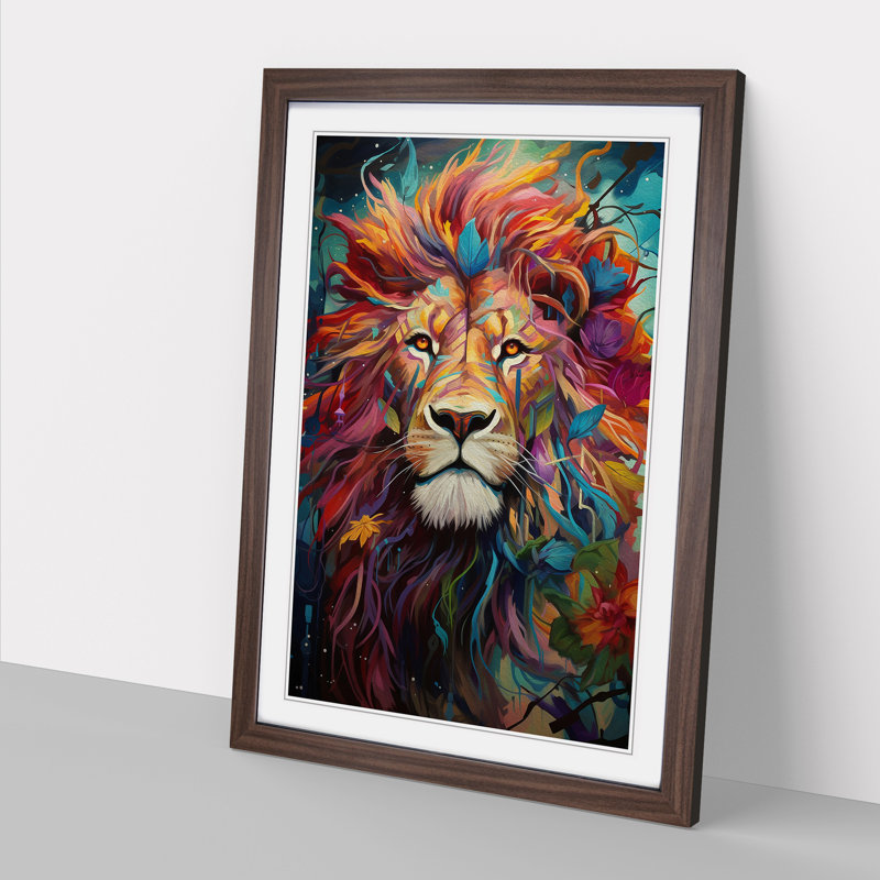 Lion Orphism - Single Picture Frame Print on Wood, 34cm H x 25cm W x 2cm D, Walnut