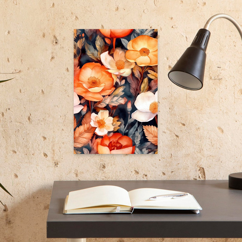 «Dark Autumn Blooms», art abstrait coquelicot, 18" H x 12" W