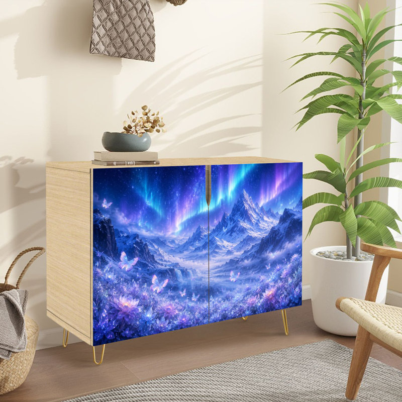 Buffet Buffet avec rangement Fantasy Snowy Mountain Landscape Northern Lights Glowing Flowers avec 2 portes pour le salon et la cuisine