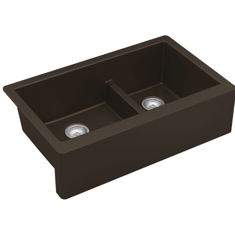 Karran Farmhouse Apron Front Quartz Composite 34'' X 21-1/4'' 60/40 Double Bowl Kitchen Sink, Matte Brown