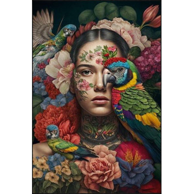 Multi Color Woman Animal Bird Pattern Decorative Machine Washable Area Rug