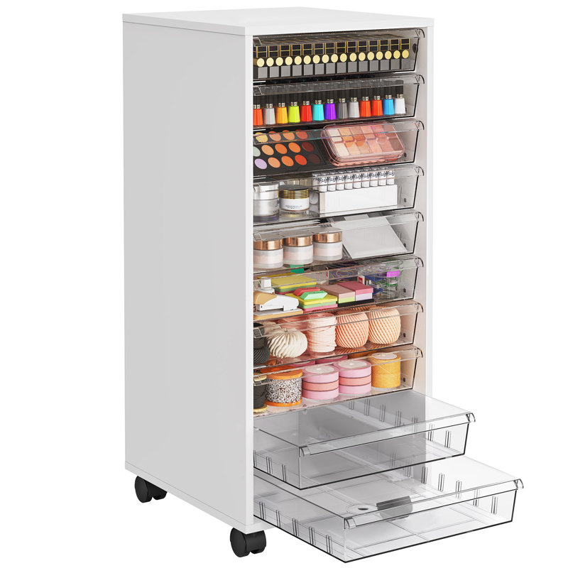 WOPITUES 10 Drawer Storage Cart, Wood Rolling Cart with 10 Dividers, For Cosmetic, Art Craft, Office Supplies, White, White