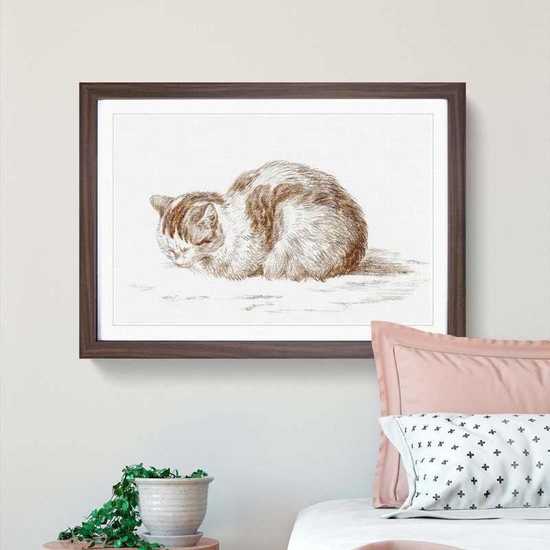 The Resting Cat by Jean Bernard - Picture Frame Drawing Print, 36cm H x 48cm W x 2cm D, Walnut Framed