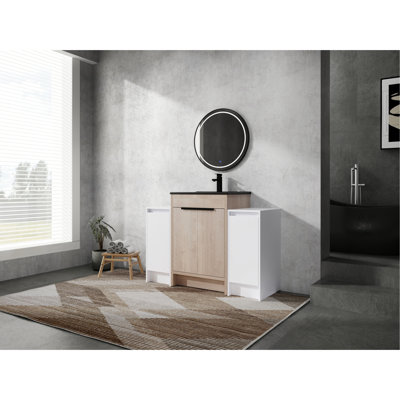 Meuble de salle de bain autoportant avec lavabo en céramique noire, 2 armoires, tiroirs