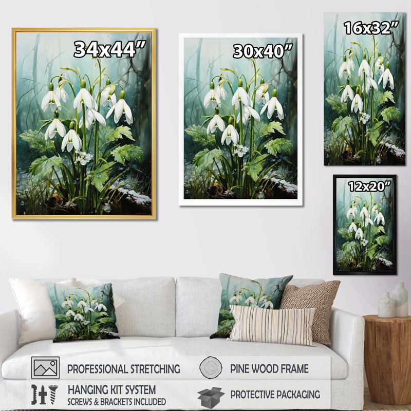 Décoration murale réaliste «Snowdrops Forest Chills», Cadre simple blanc, H 20 po x l 12 po