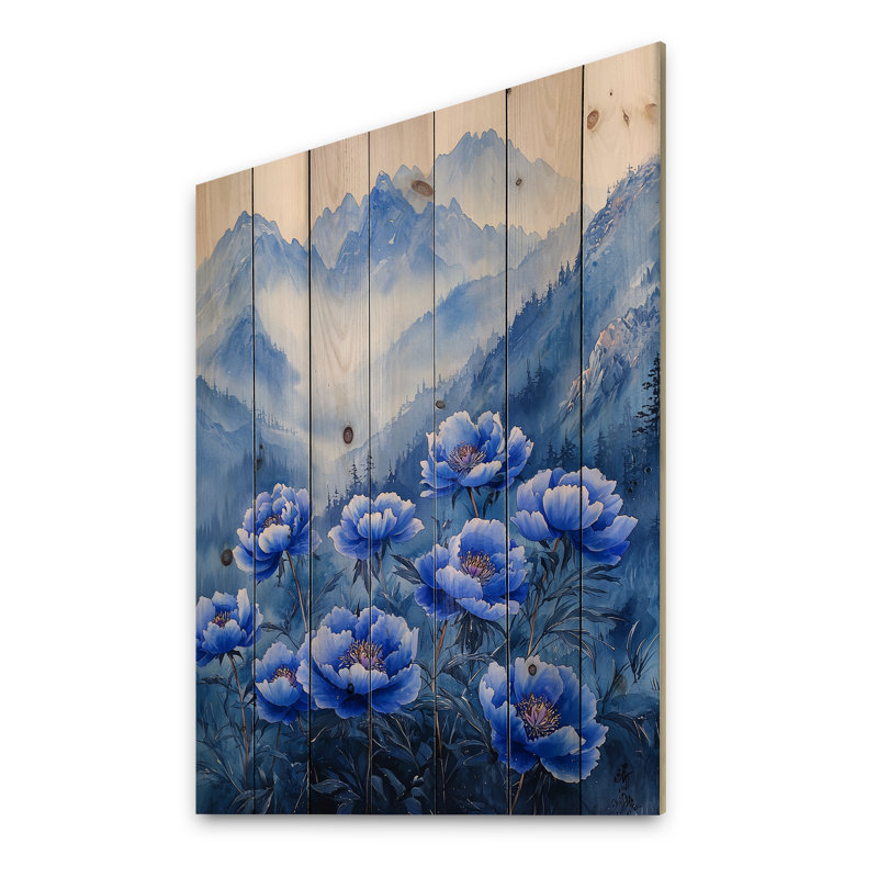 Pivoines bleues sur des sommets I - décoration murale en bois de pivoines - sur bois de pin naturel, H 32 po x l 24 po