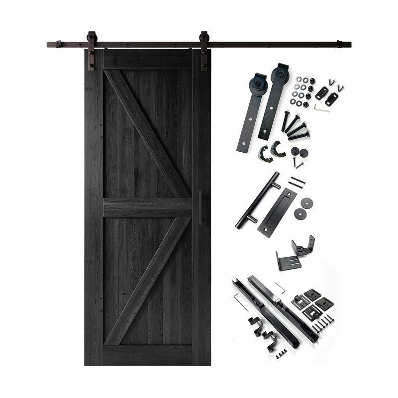Porte de grange noire non assemblée et finie en forme de K de 84 pouces avec ensemble de quincaillerie d'installation sans dérivation Homacer, usage intérieur seulement