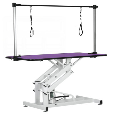 42.5 Inch Hydraulic Pet Grooming Table with Adjustable H-Arm, Purple, for Professional and Home Use