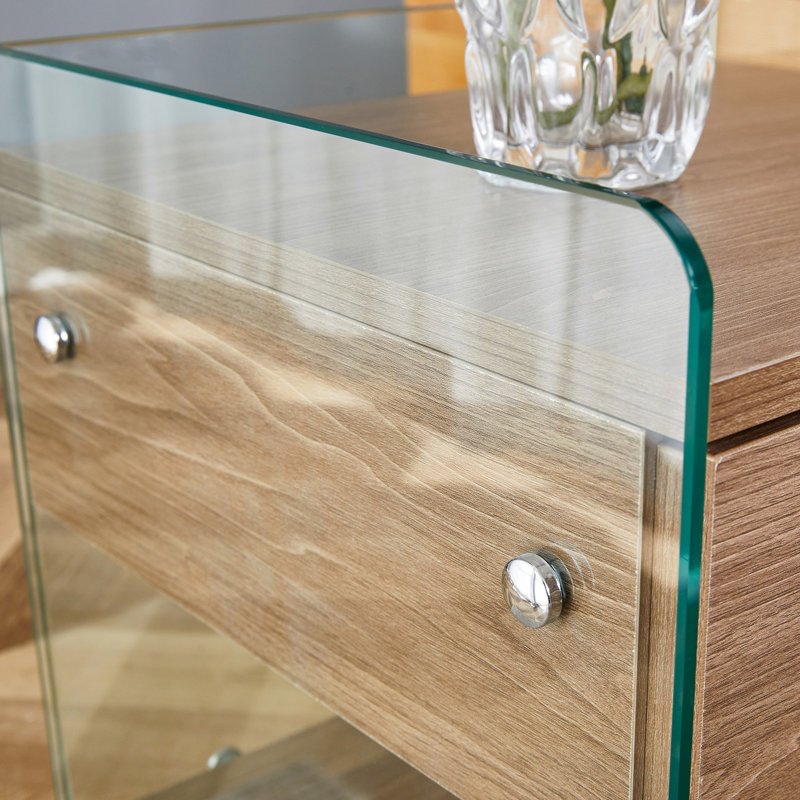 Bedside Table With Drawers.The Board Surface Is MDF With Wood Grain Sticker,And Both Sides Are Transparent Tempered Glass.The Design Is Simple,Elegant, With Excellent Storage Functions.Coffee Table.