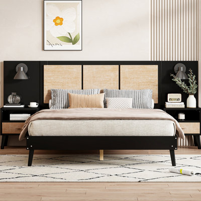 Elegant Black Queen Solid Wood Bed Frame With 2 Convenient Nightstands And Lamps, For A Beautiful Bedroom Black. Build, Classy Style