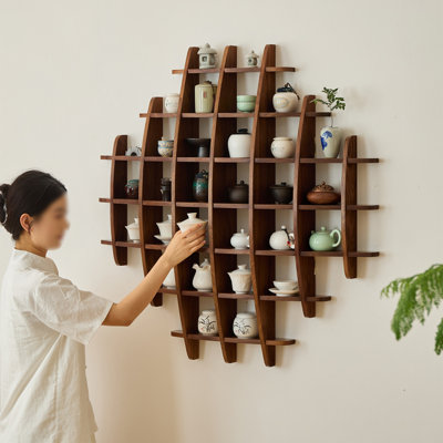 Black Walnut Solid Wood Accent Wall Mounted Lattice Display Shelf, Chinese Style Decor Storage Rack for Tea Room Entryway Home Decor